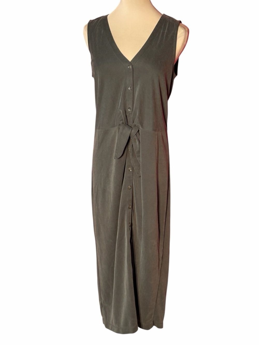 Lou & Grey Olive Green Button Front Midi Dress Size Small Tie Waist